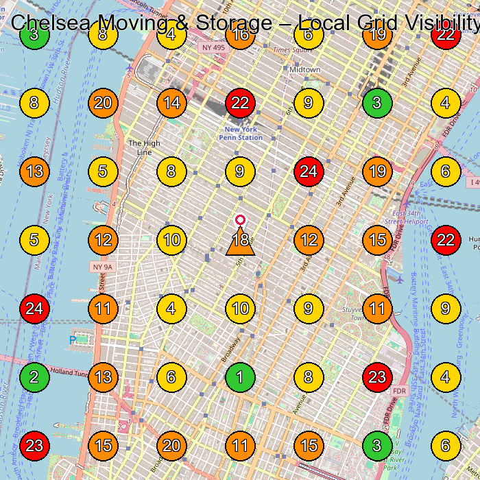 Chelsea Moving & Storage Moving Company GeoGrid ranking map for New York NY